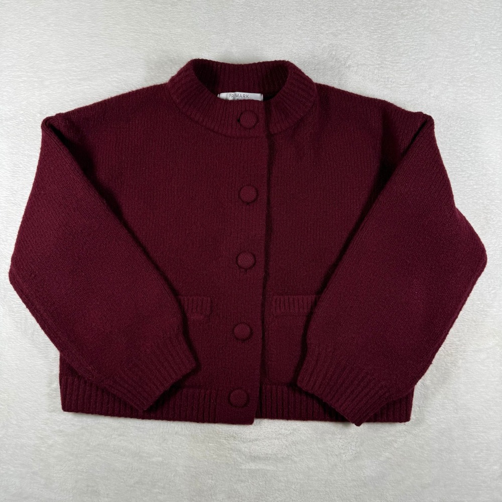 Primark Womens Small Burgundy Red Wool Blend Mock Neck Button Front Cardigan